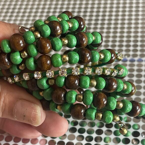 Vintage Memory Wire Bangle Bracelet Wrap Wooden Beaded Rhinestones B#14 - Picture 7 of 9